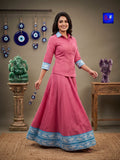 Pure Cotton Designer Jamdani Woven Skirt & Shirt Set (Rose Pink & Blue)