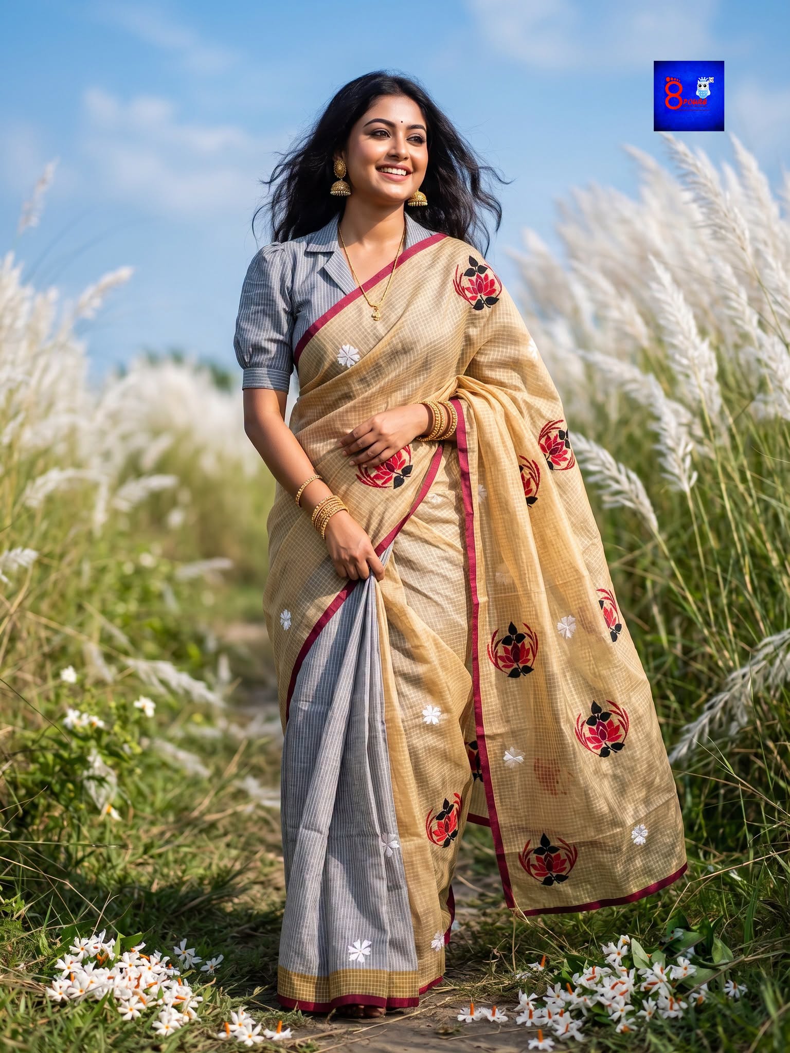 Premium Cotton Embroidered Saree (Beige-gold & Grey)