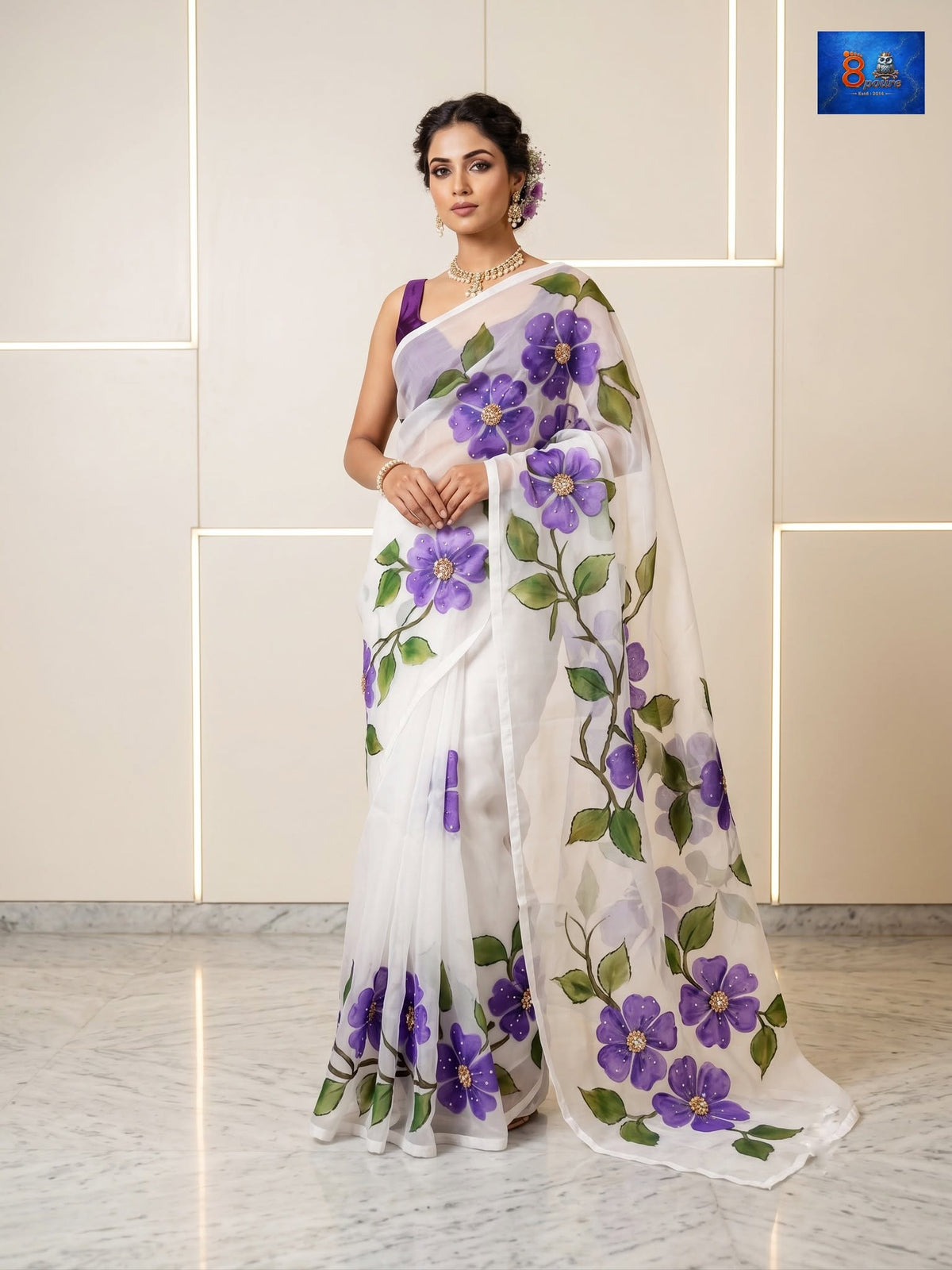 Crystal Organza Saree - Purple Floral Print