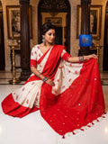 White Red Cotton Glittering Canvas Saree