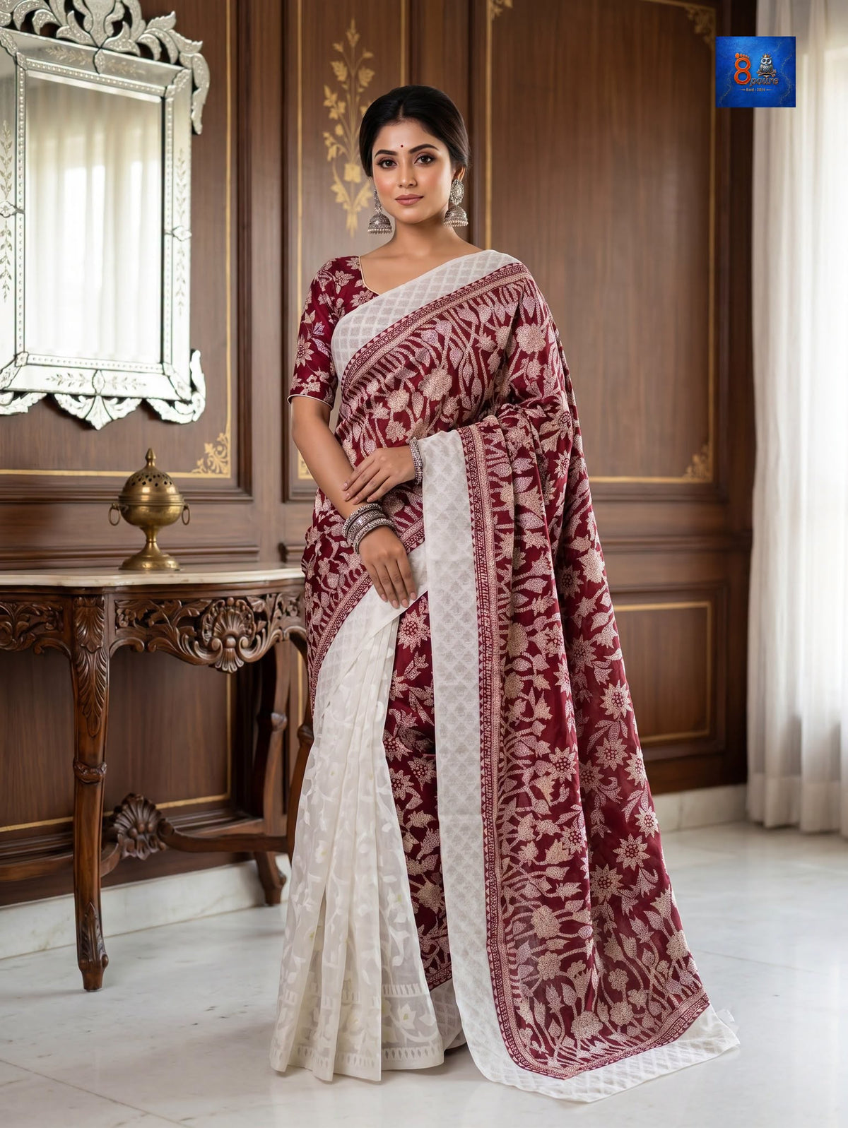 Jamkantha Saree - White & Maroon