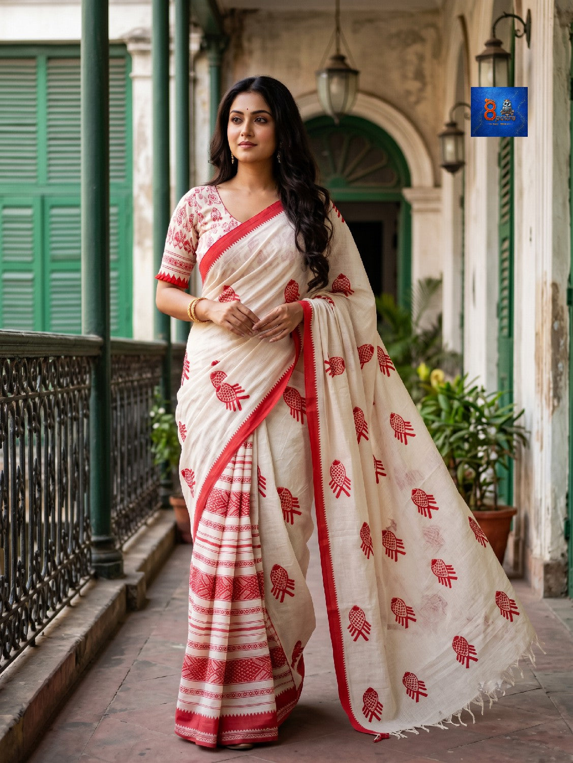 Fish Saree - White & Red