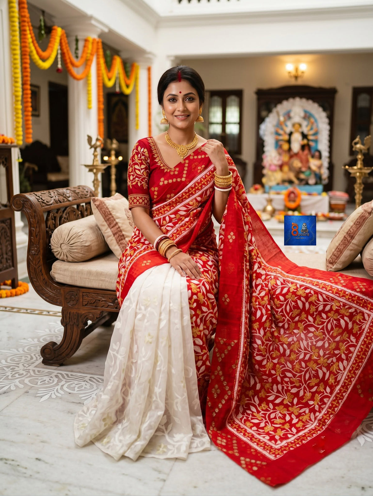 Jamkantha Saree - White & Crimson Red