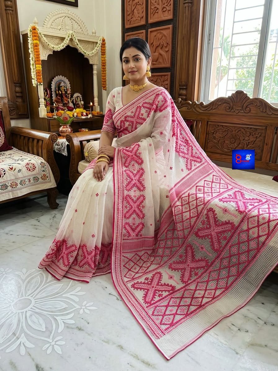 Resham Check Saree with Gujarati Embroidery