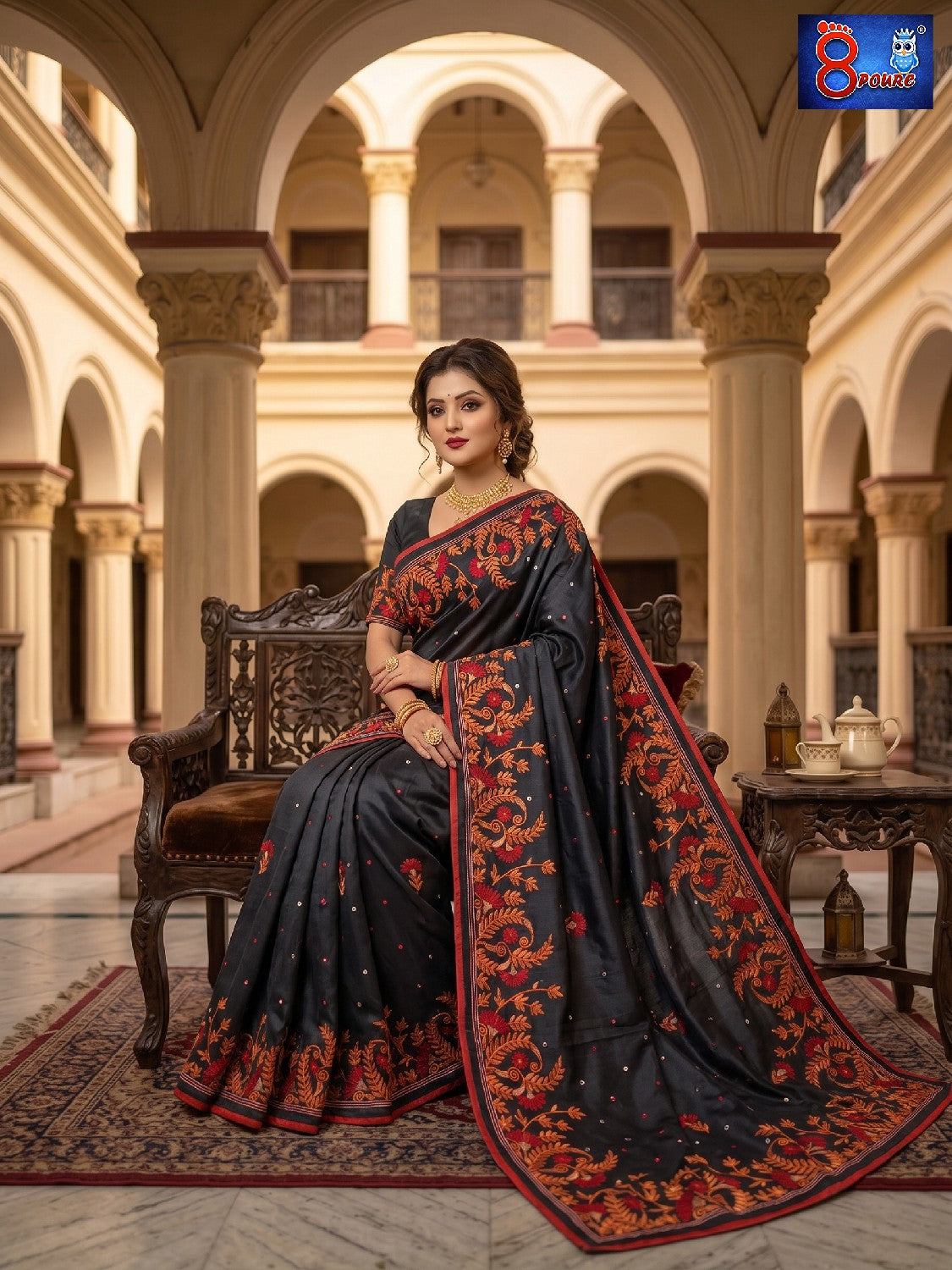 Hand Embroidered Pure Silk Saree - Red & Black