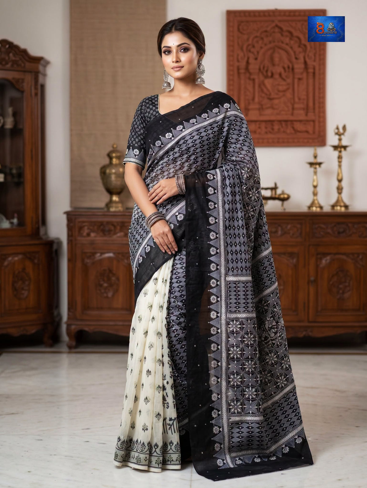 Jamkantha Saree - Black & White