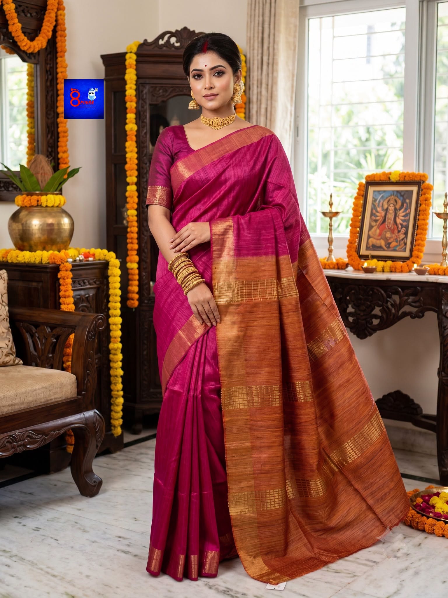 Authentic Handloom Pure Ghicha Silk Saree (Rani Pink with Copper Gold)