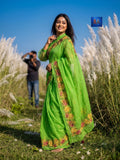 Resham Cotton Golpa Parshi Saree - Parrot Green