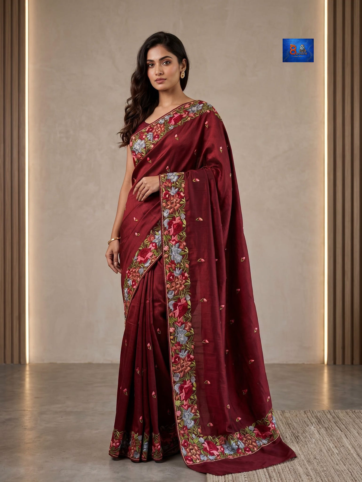Gara Parsi Work On Pure Crushed Satin Saree - Burgundy