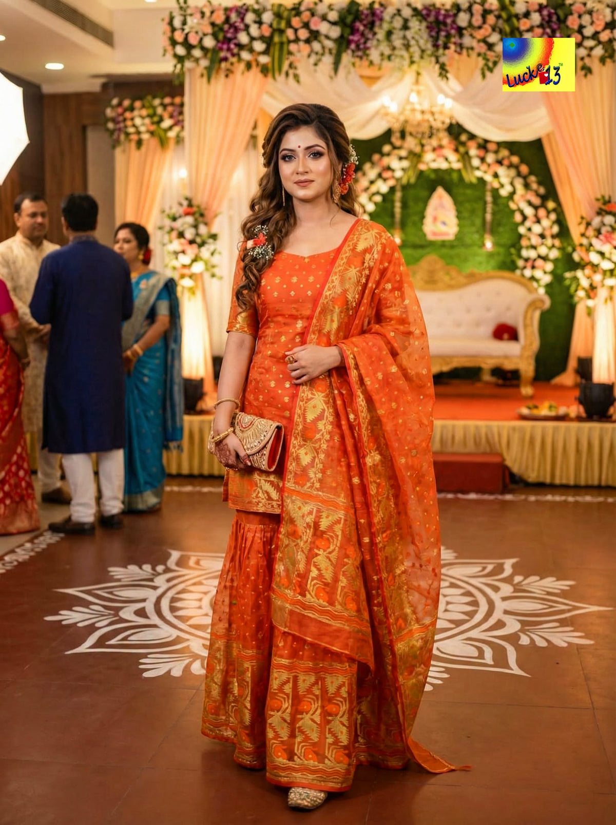 Jamdani Sharara 3-Piece Set - Orange Golden Zari