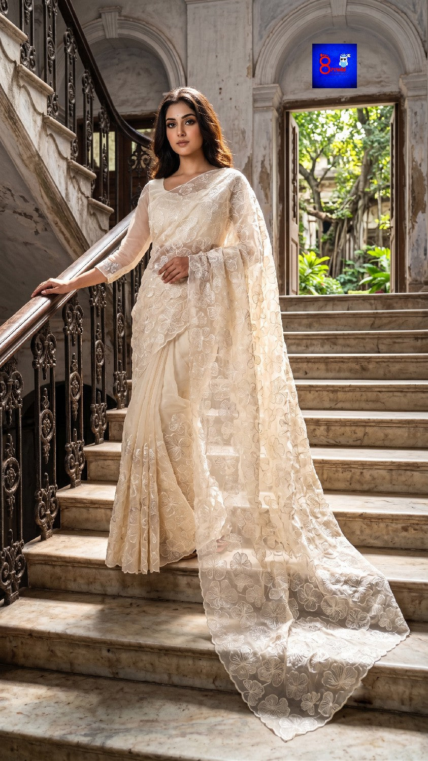 Organza Tissue Floral Embroidered Saree (Ivory)