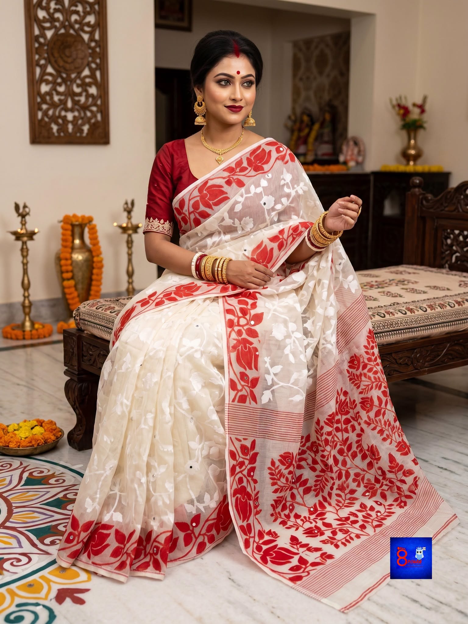 Mirror Work Jamdani Saree