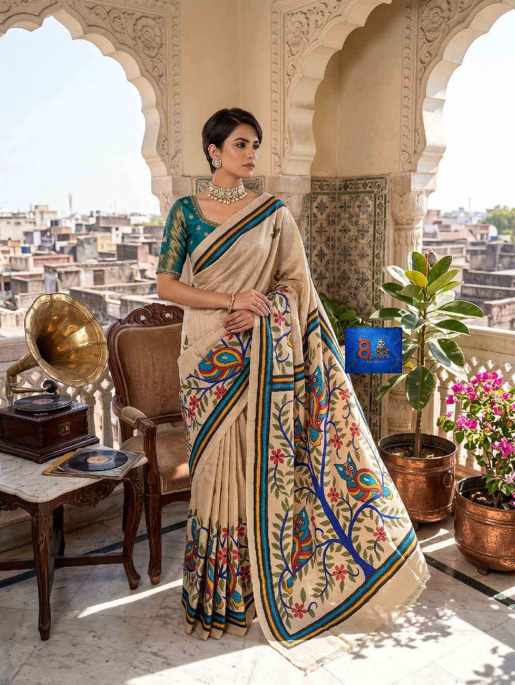 Pure Tussar Kantha Stich Saree - Beige Multi-colour