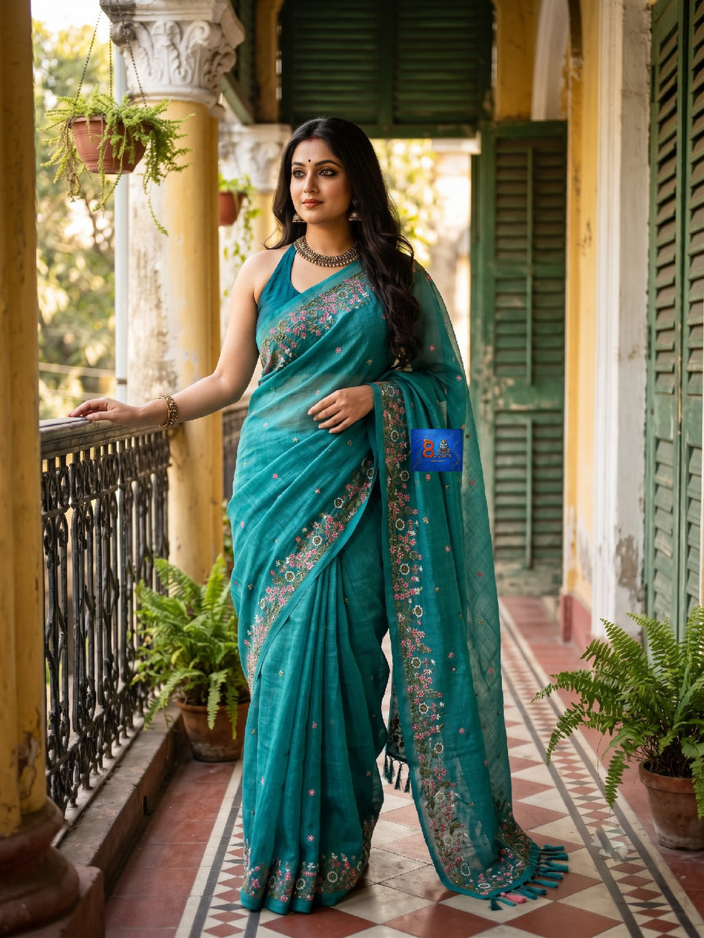 Pure Linen Kashmiri Embroidered Saree - Sea Green