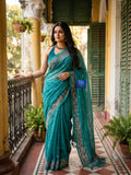 Pure Linen Kashmiri Embroidered Saree - Sea Green