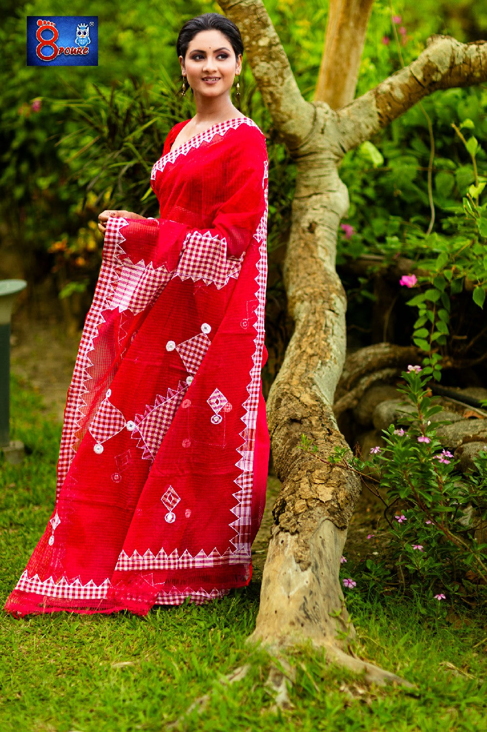 Resham Check Gamcha Applique Saree - Rani Pink