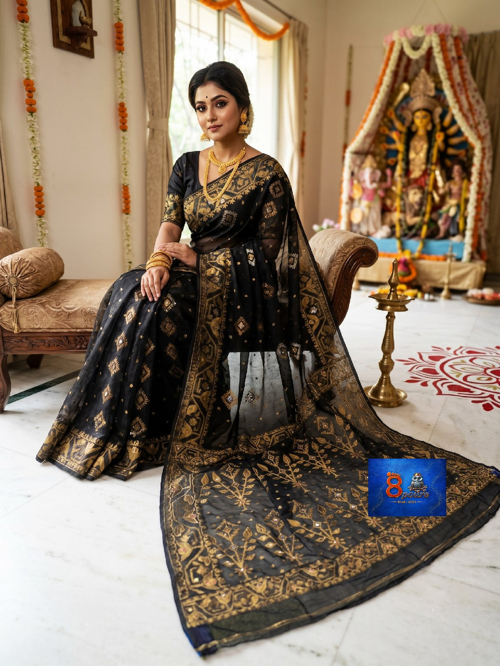 Mirror & Glass Beads Embroidered Jamdani Saree - Black