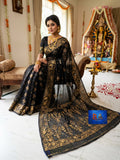 Mirror & Glass Beads Embroidered Jamdani Saree - Black