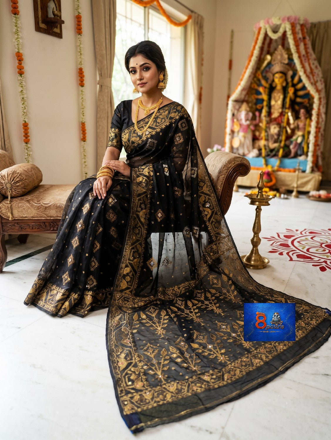 Mirror & Glass Beads Embroidered Jamdani Saree - Black