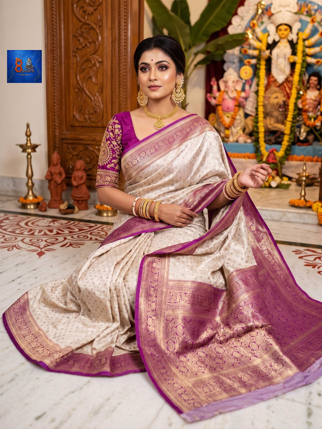 Mulberry Jacquard Silk Saree - Silk Mark - Off-white Magenta Border