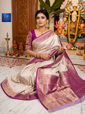 Mulberry Jacquard Silk Saree - Silk Mark - Off-white Magenta Border