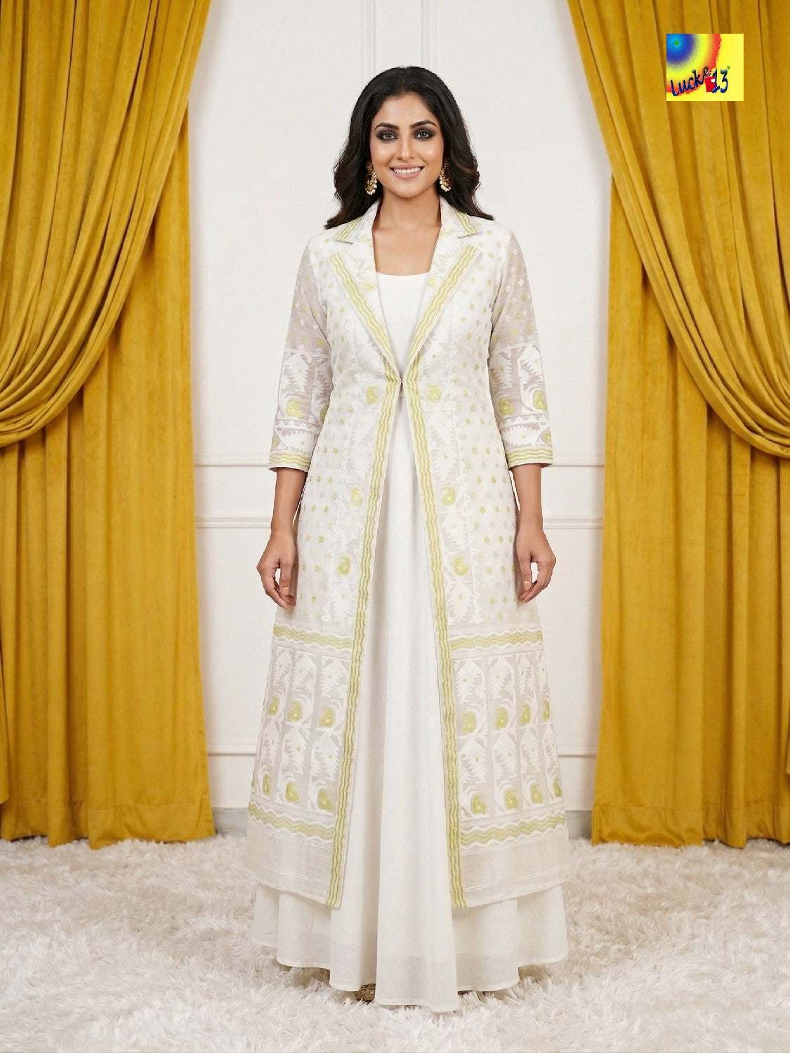 Jamdani Shrug & Cotton Sleeveless Dress set - White Golden Zari