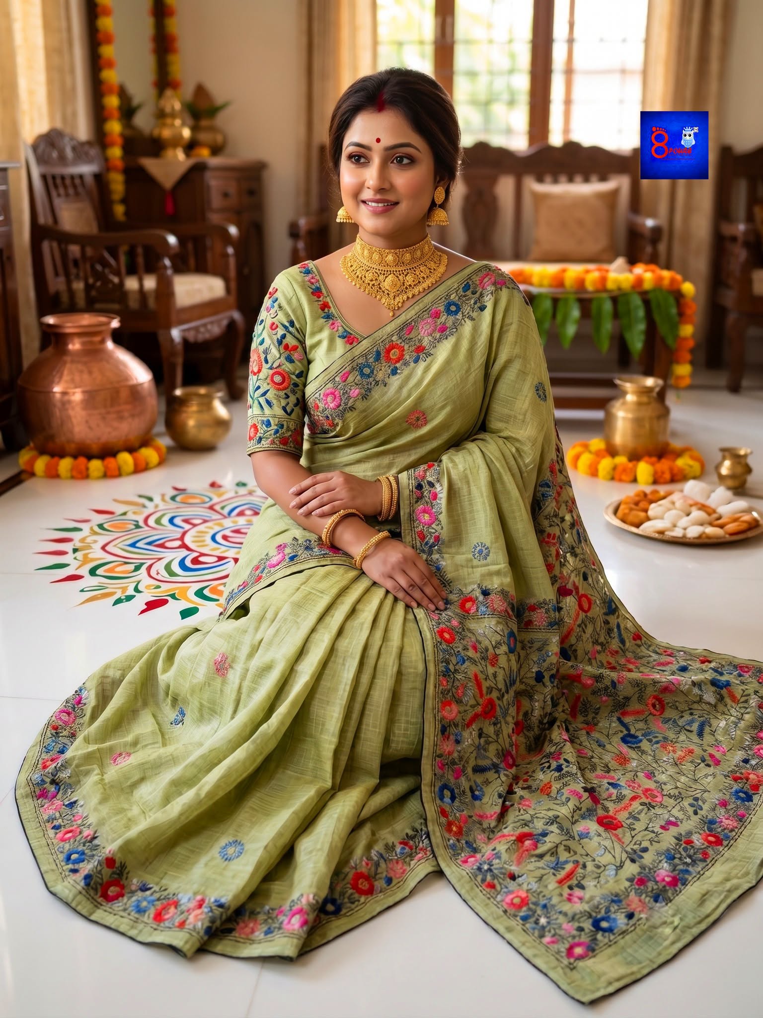 Pure Cotton Bulliyan Parshi Embroidery Saree With Contrast Blouse Piece