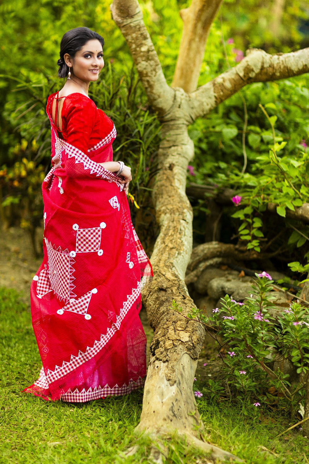 Resham Check Gamcha Applique Saree - Rani Pink
