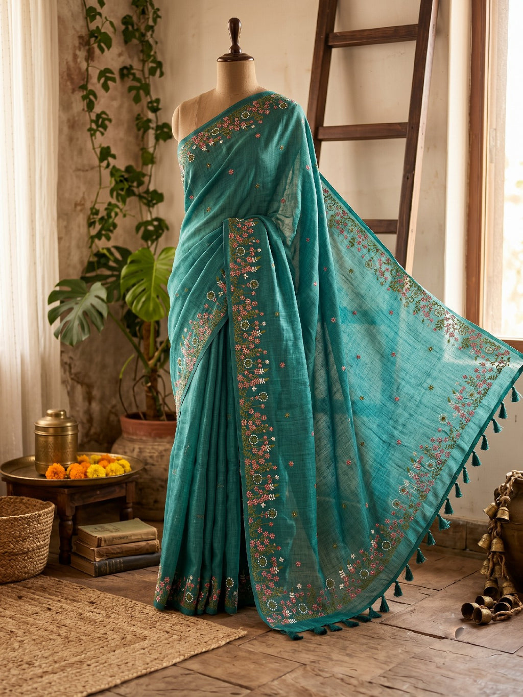 Pure Linen Kashmiri Embroidered Saree - Sea Green
