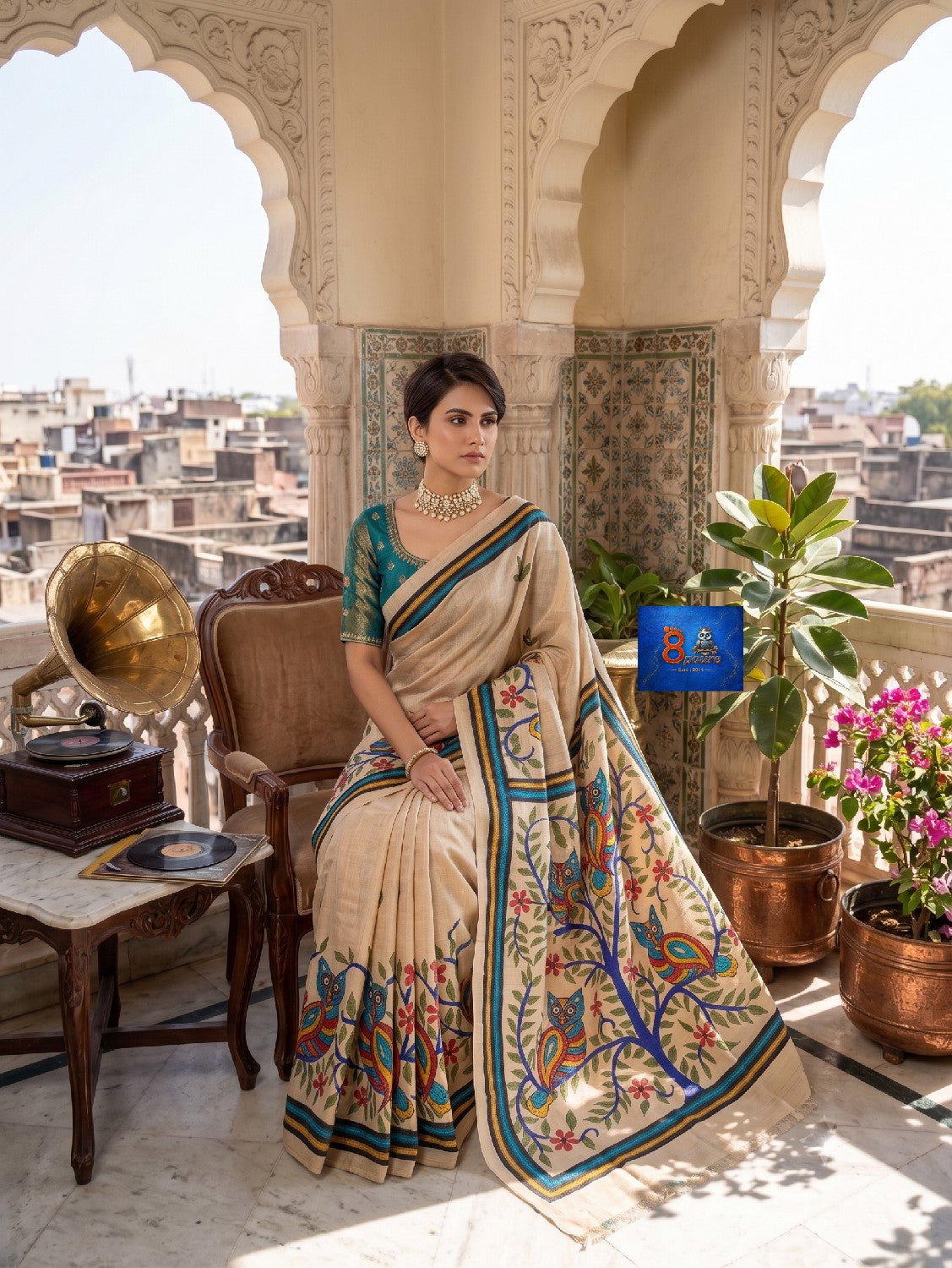 Pure Tussar Kantha Stich Saree - Beige Multi-colour