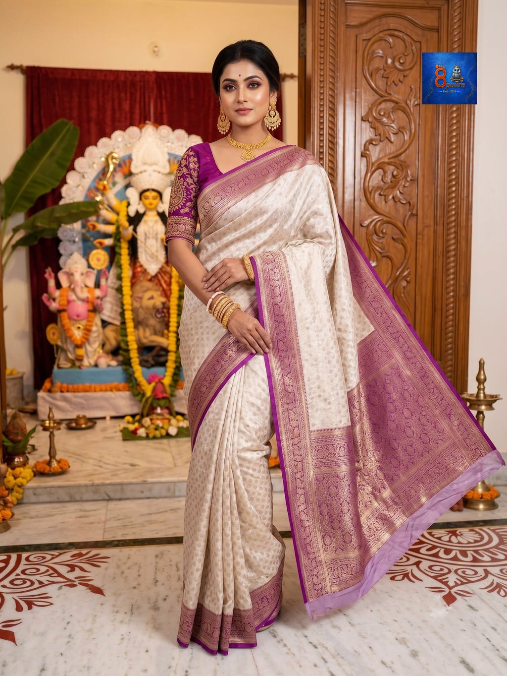 Mulberry Jacquard Silk Saree - Silk Mark - Off-white Magenta Border