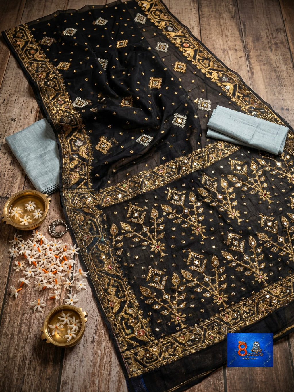Mirror & Glass Beads Embroidered Jamdani Saree - Black