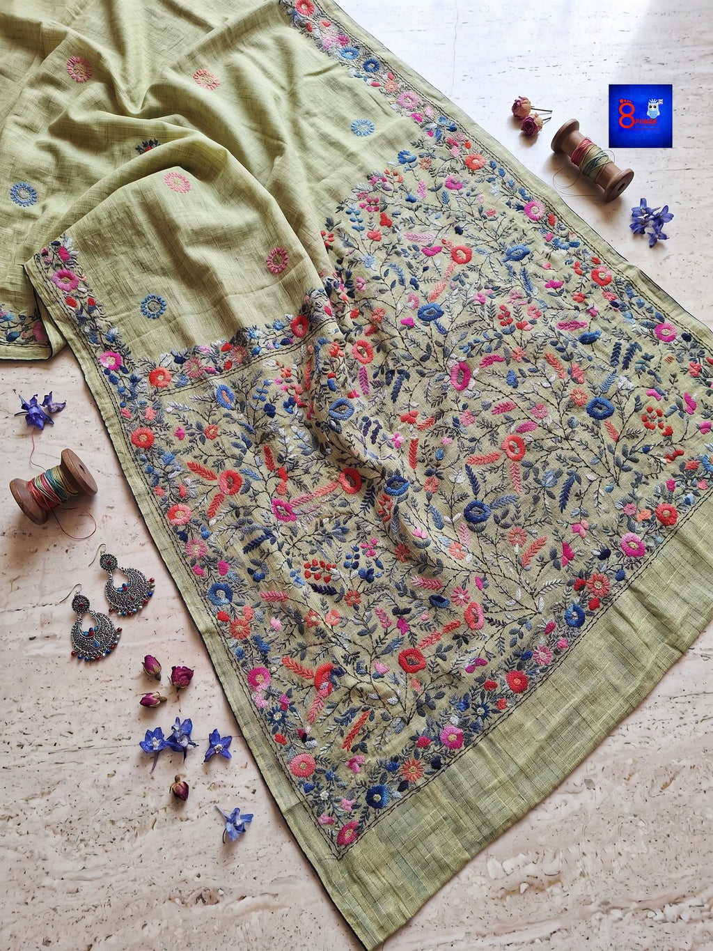 Pure Cotton Bulliyan Parshi Embroidery Saree With Contrast Blouse Piece