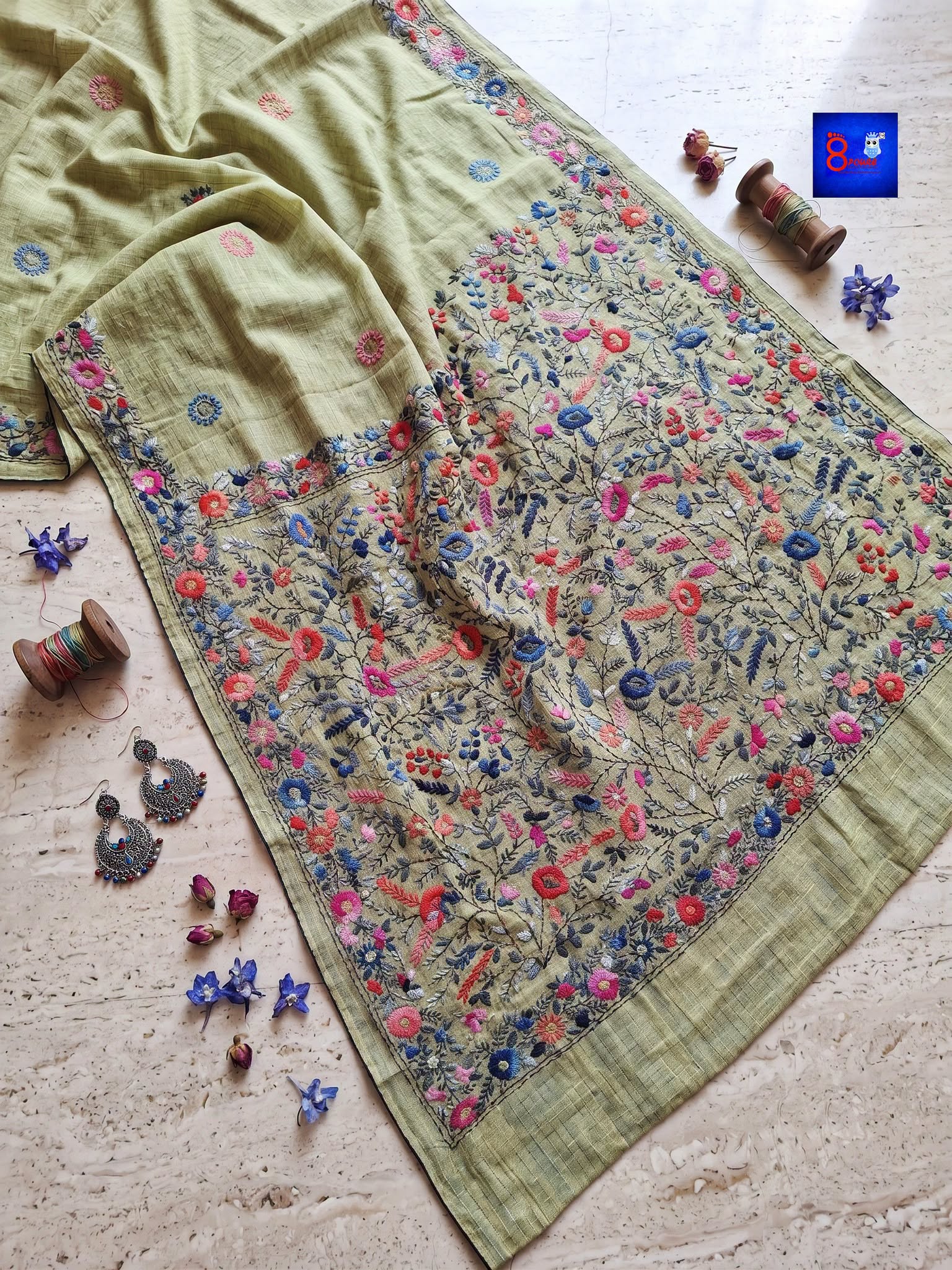 Pure Cotton Bulliyan Parshi Embroidery Saree With Contrast Blouse Piece