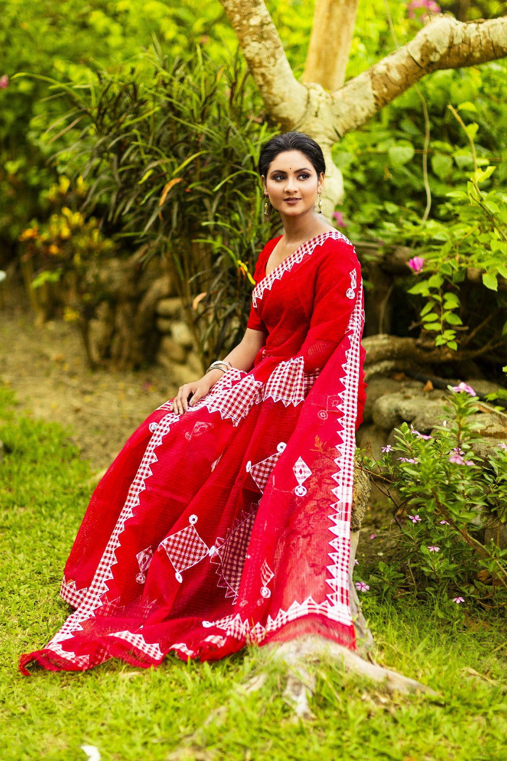 Resham Check Gamcha Applique Saree - Rani Pink