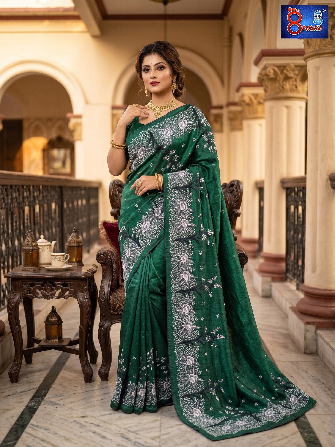 Green Tussare Machine Embroidery Saree