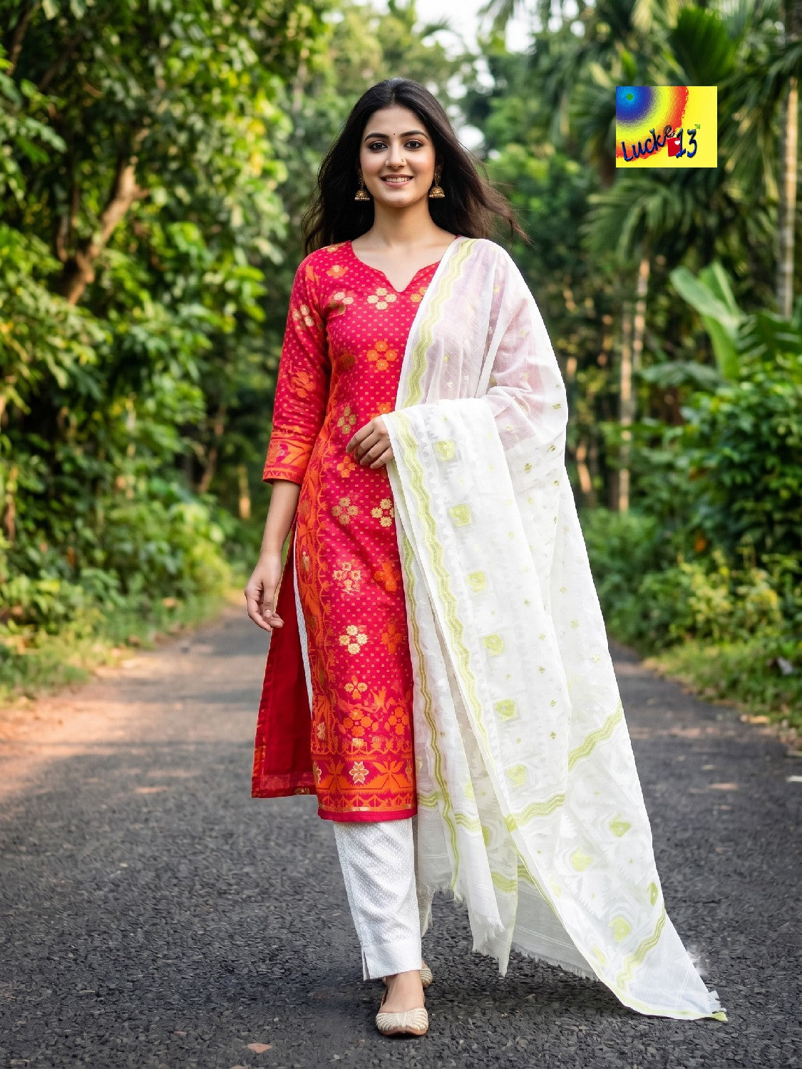 Handloom Jamdani Kurti, Dupatta & Pant Set
