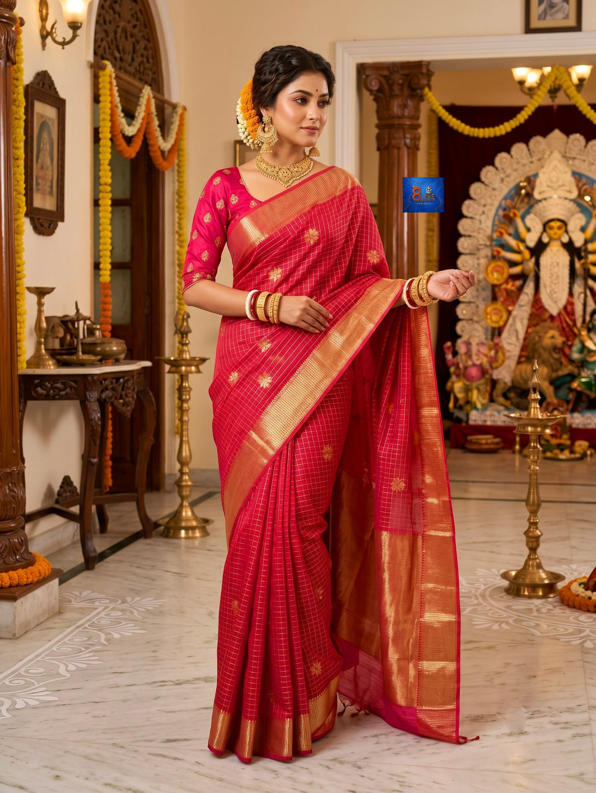 Kanchipuram Kattam SICO Saree - Rani Pink