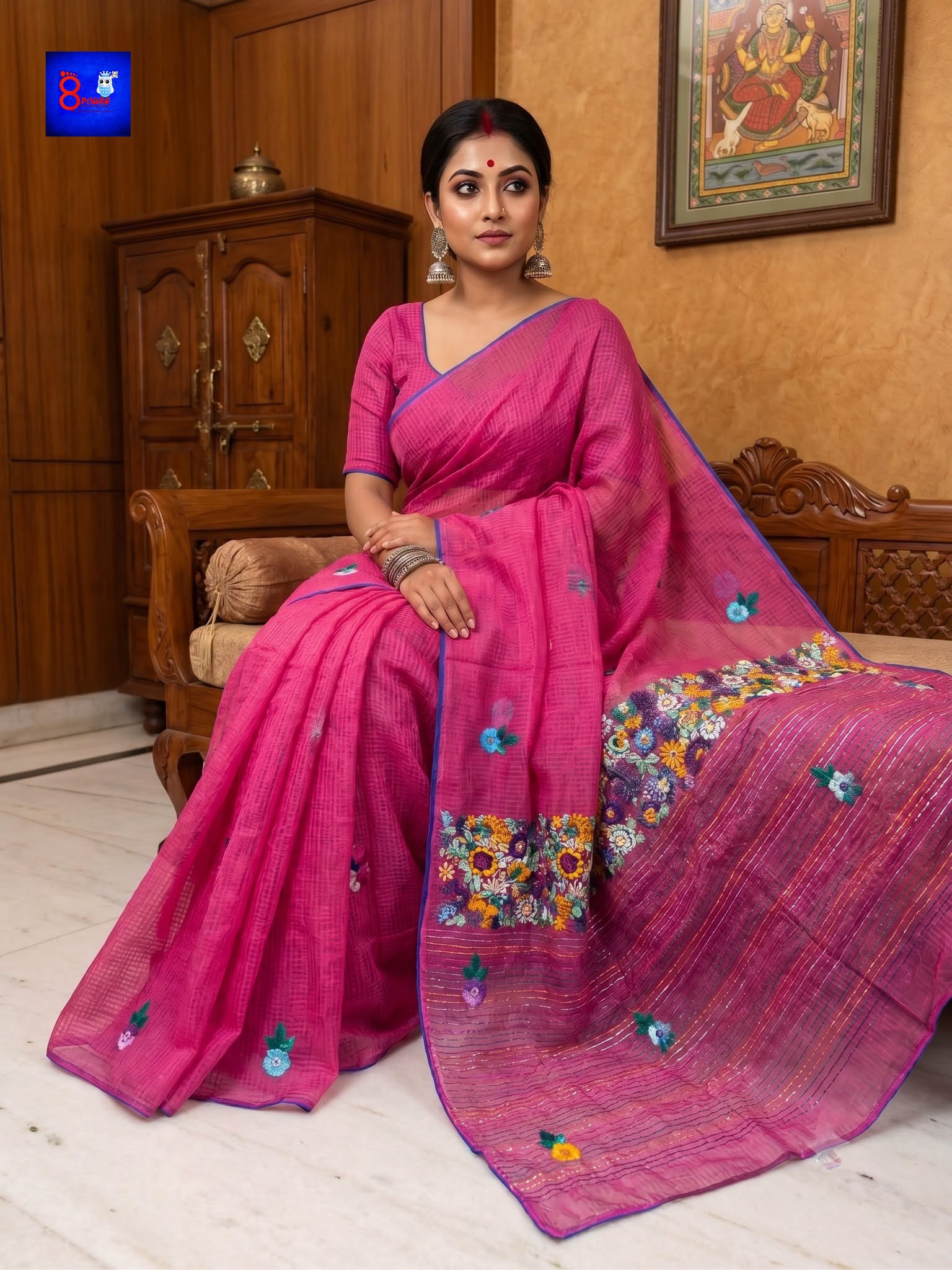Resham Check French Knot Embroidery Saree (Rani Pink)