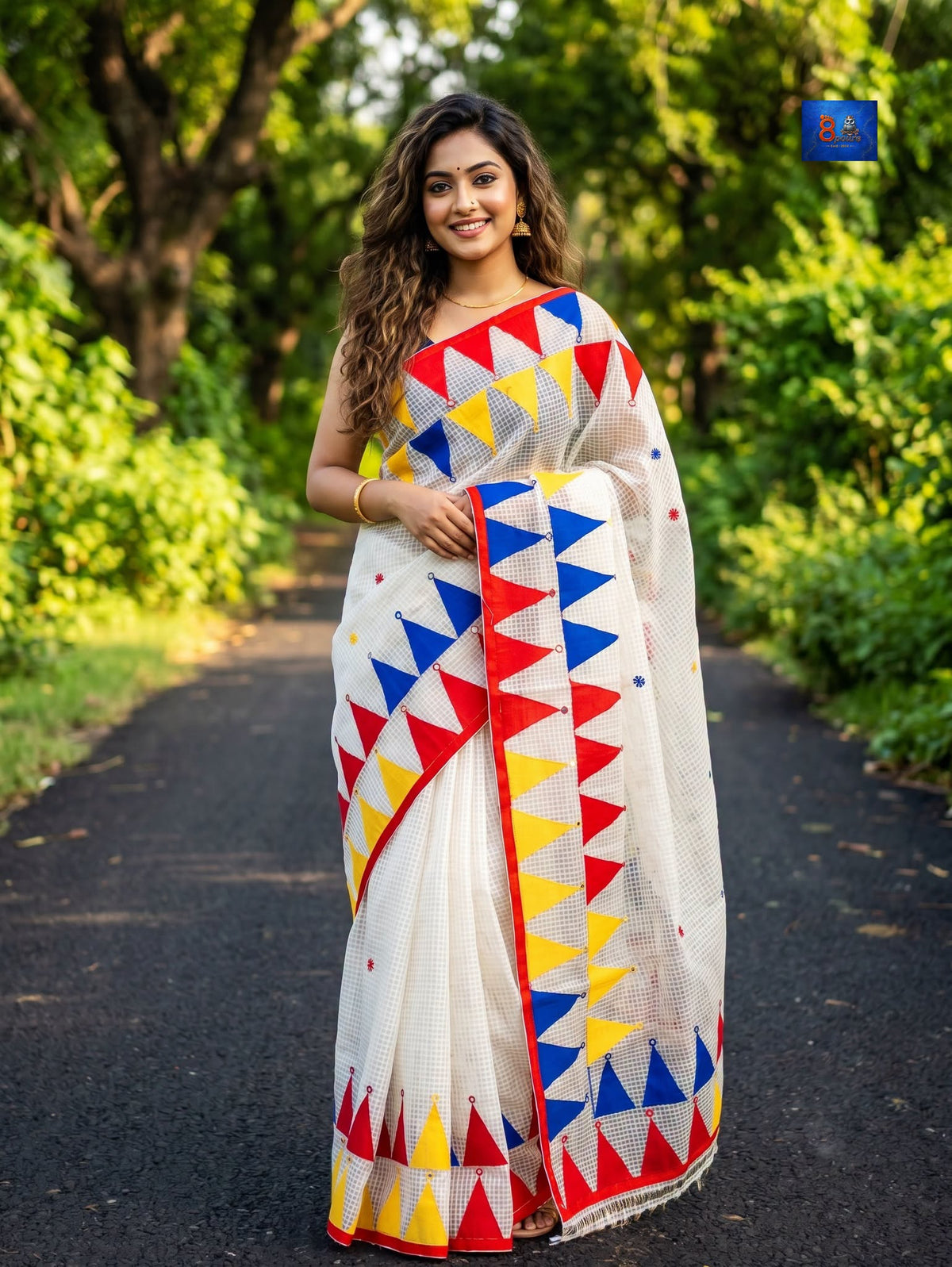 Pure Resham Cotton Applique Work Saree - White
