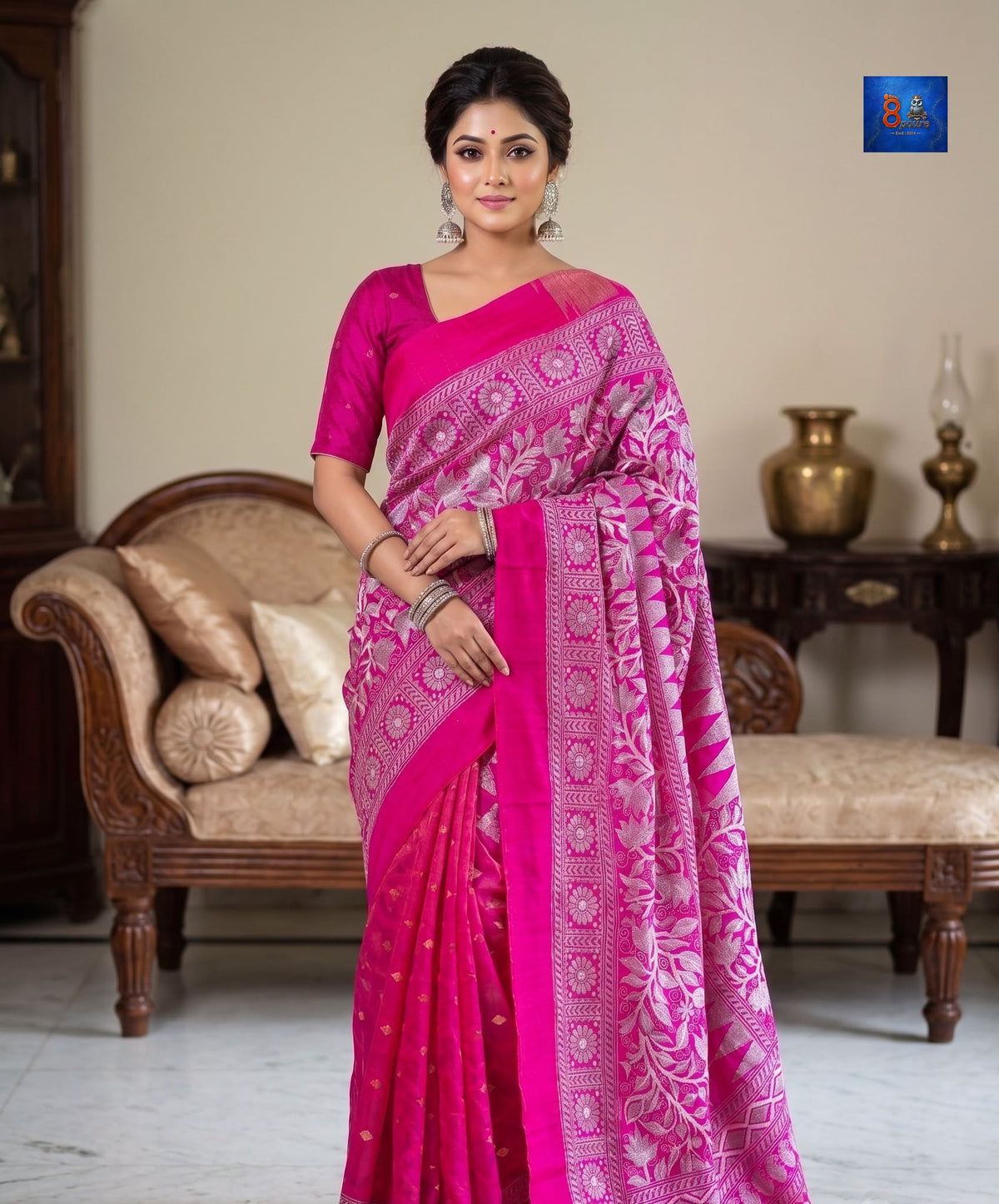 Jamkantha Saree - Fuchsia Pink With Rose Pink