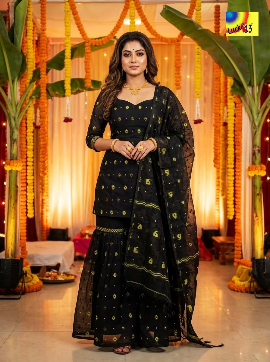 Jamdani Sharara 3-Piece Set - Black Golden Zari