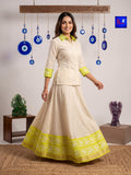 Pure Cotton Designer Jamdani Woven Skirt & Shirt Set (Off-White & Lime Green)