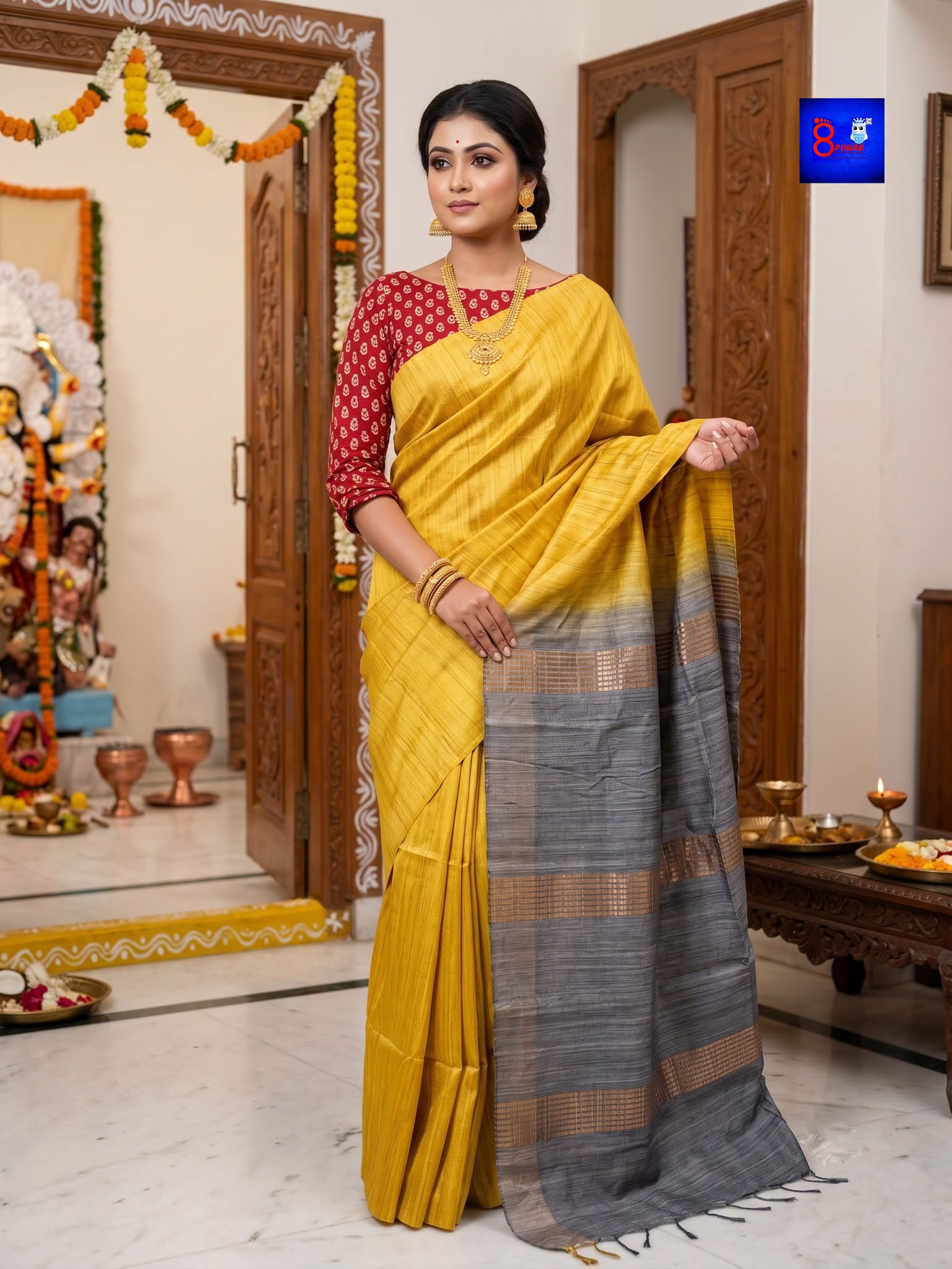 Authentic Handloom Pure Ghicha Silk Saree (Mustard Yellow with Grey & Gold)