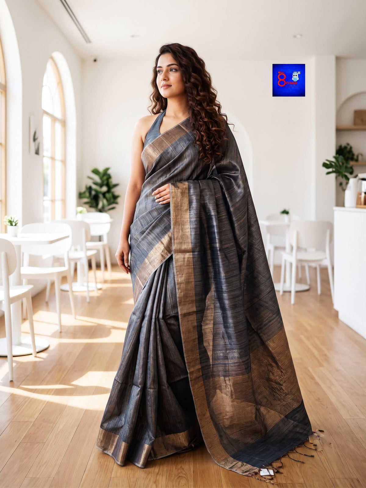 Pure Tussar Saree (Silk Mark certified) - Charcoal Grey