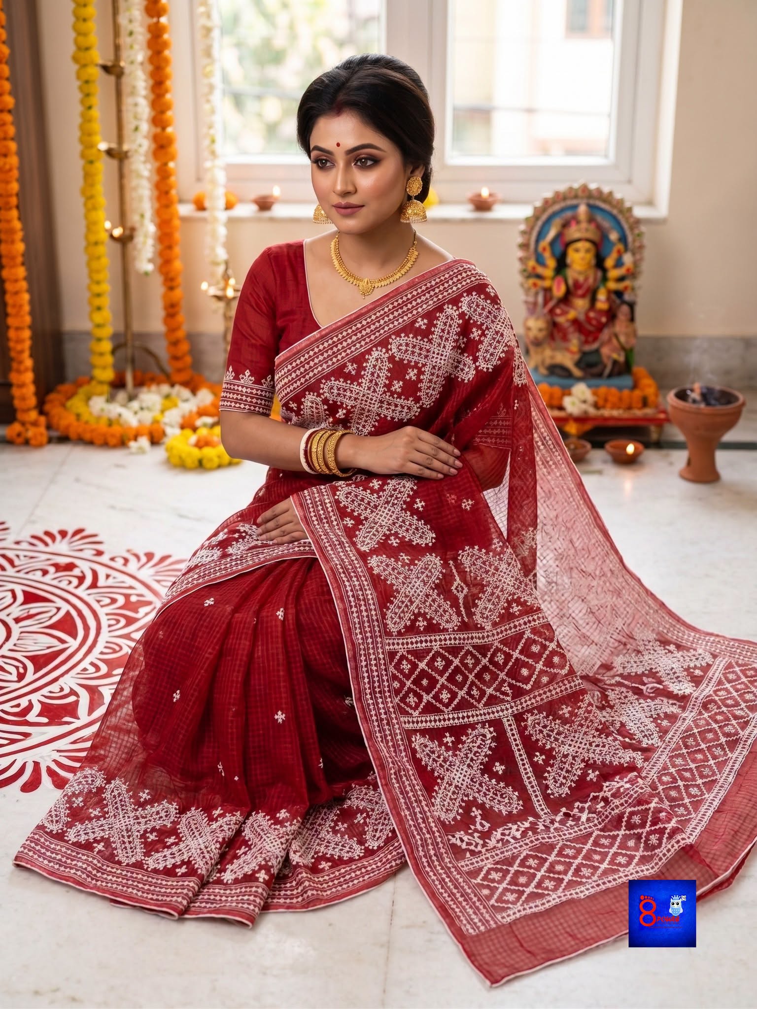 Resham Check Saree with Gujarati Embroidery