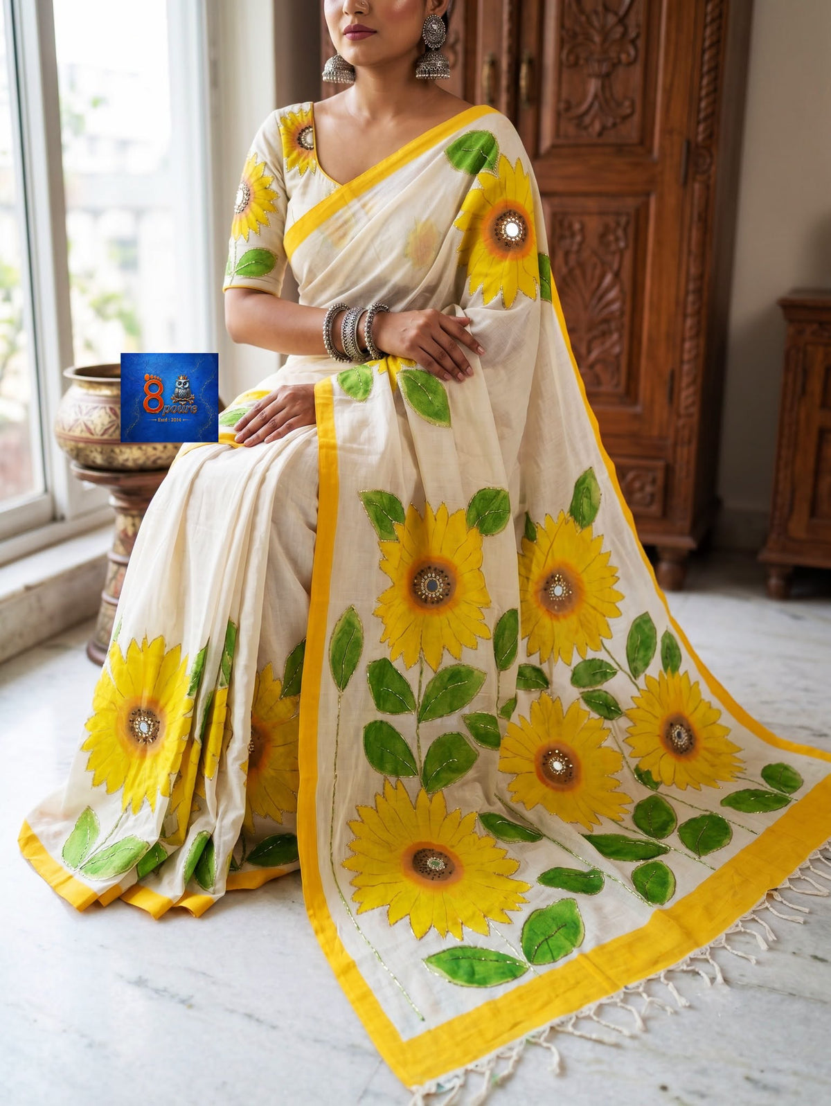 Yellow Floral Cotton Glittering Canvas Saree