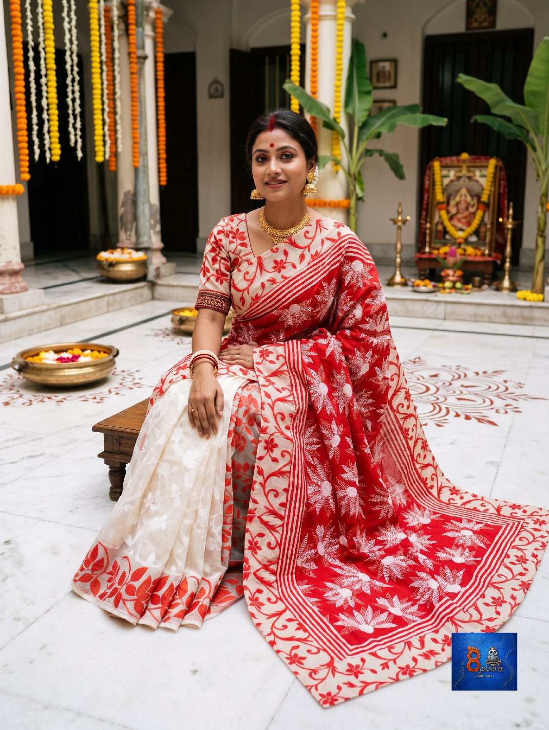 Crimson Red Ivory White Leaf Print Jamkantha Saree