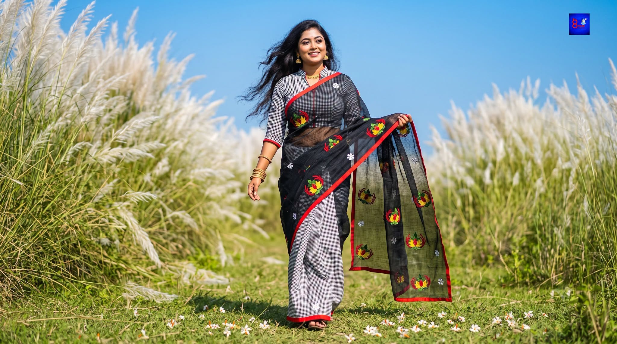 Premium Cotton Embroidered Saree (Black & Grey)