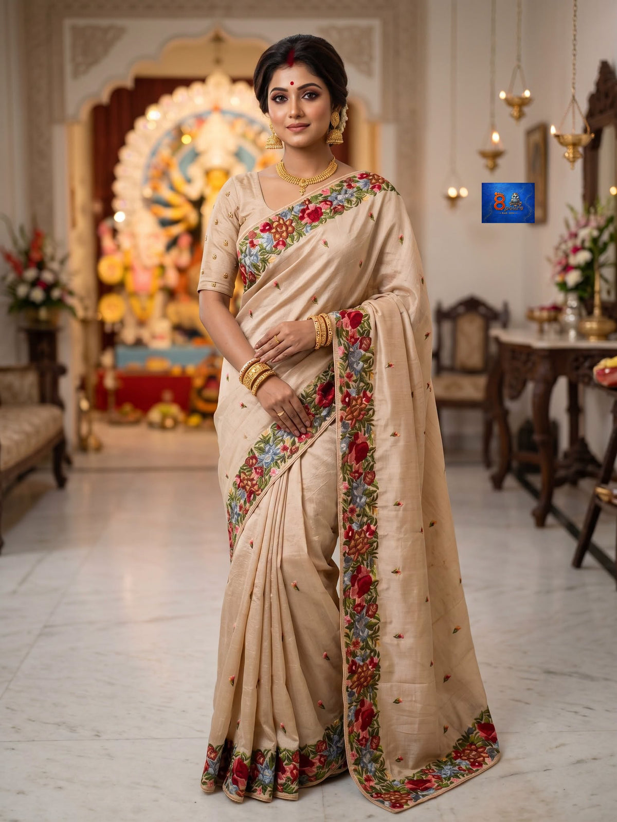 Gara Parsi Work On Pure Crushed Satin Saree - Champagne Beige